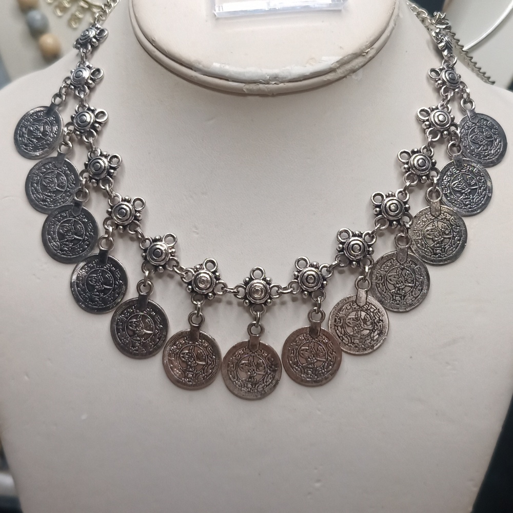 Coin necklace chain sliver tone